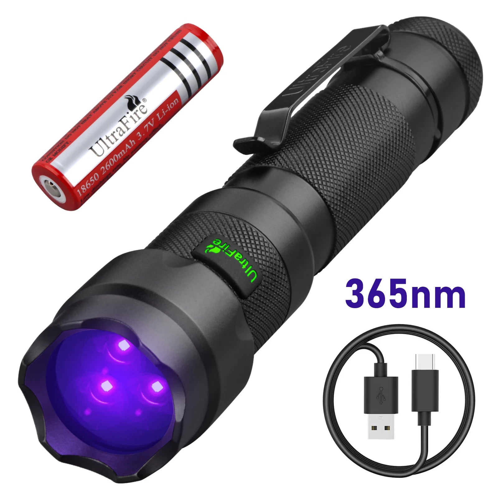 UltraFire 502UV Pro UV-Taschenlampe, 365/395 nm, Schwarzlicht, USB C, wiederaufladbar, für Tierhaare, Urinflecken, Skorpione, Geld, ultraviolettes Licht