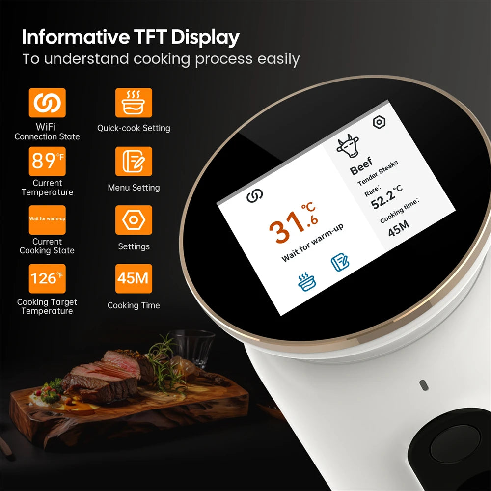 INKBIRD ISV-101W WiFi Sous Vide Cooker, 1000 W, 0,1 ° C Precision, 3D-Heizung, App-Steuerung, USDA-Rezepte, Voralarm, Sicherheitsfunktion