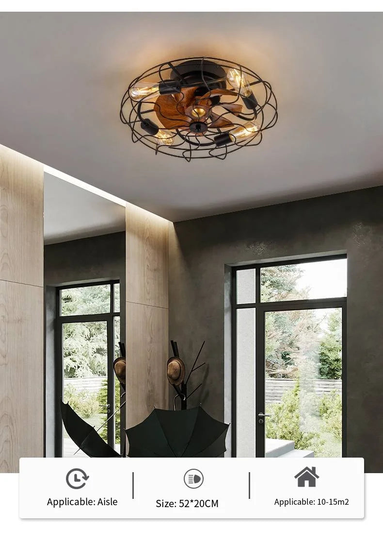 Retro Decke Schlafzimmer Ventilator Licht Unsichtbare amerikanische industrielle Wind Fernbedienung Esszimmer Deckenleuchte Schmiedeeisen Decke