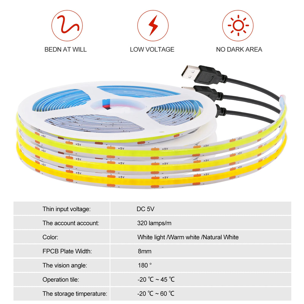 Superheller USB-DC5V-COB-LED-Lichtstreifen, 320 LED/m, hohe Dichte, flexible lineare Beleuchtung, warm/natürlich/weiß, 50 cm, 1 m, 2 m, 3 m, 4 m, 5 m