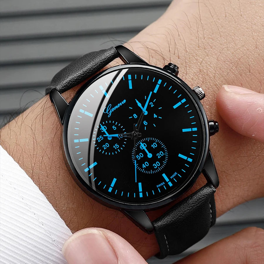 3 Teile/satz Männer Business Uhren Casual Leder Band Analog Männlichen Quarzuhr Halskette Armband Set