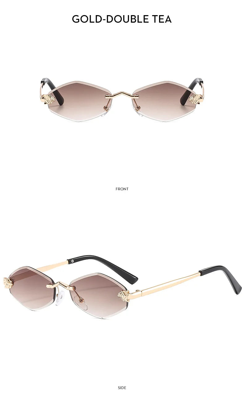 Luxuriöse Polygon-Sonnenbrille für Damen, Hipster, unregelmäßige randlose Sonnenbrille, Damen, kleiner Metallrahmen, Vintage-Rhombus-Brille, Braun
