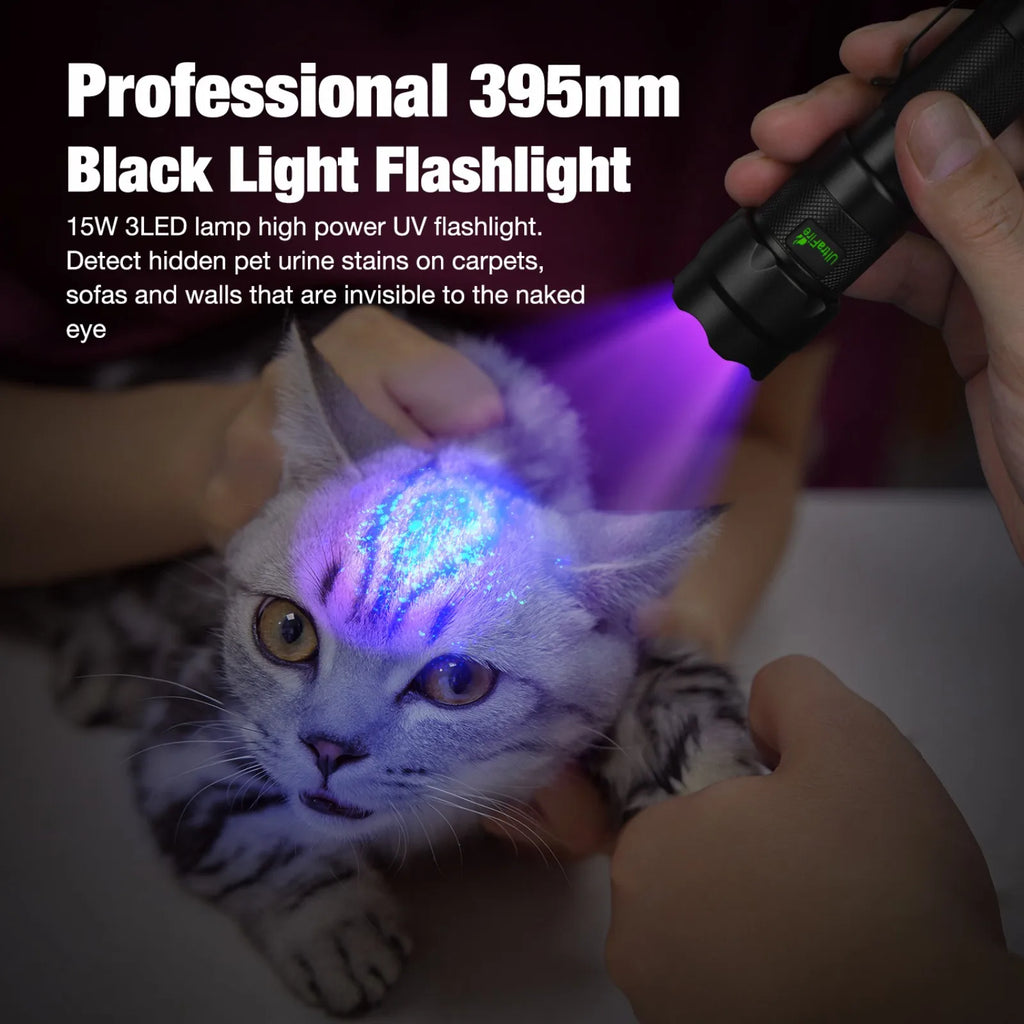 UltraFire 502UV Pro UV-Taschenlampe, 365/395 nm, Schwarzlicht, USB C, wiederaufladbar, für Tierhaare, Urinflecken, Skorpione, Geld, ultraviolettes Licht