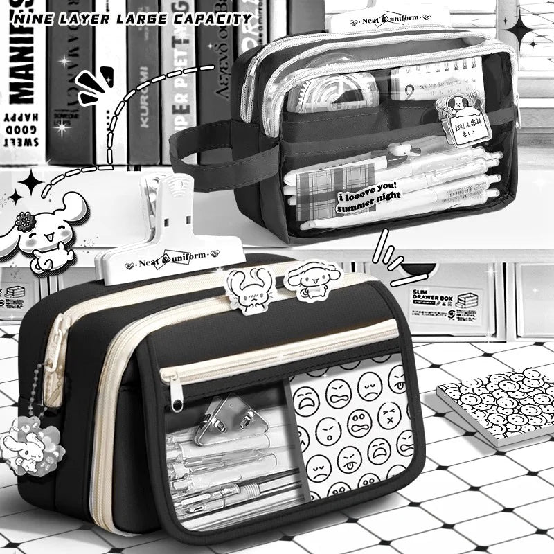 Inkpals Schwarzes Federmäppchen, großes Fassungsvermögen, Kawaii-Schultaschen für Kinder, Beutel für große Jungen, Schultasche, Organizer-Box für Stifte