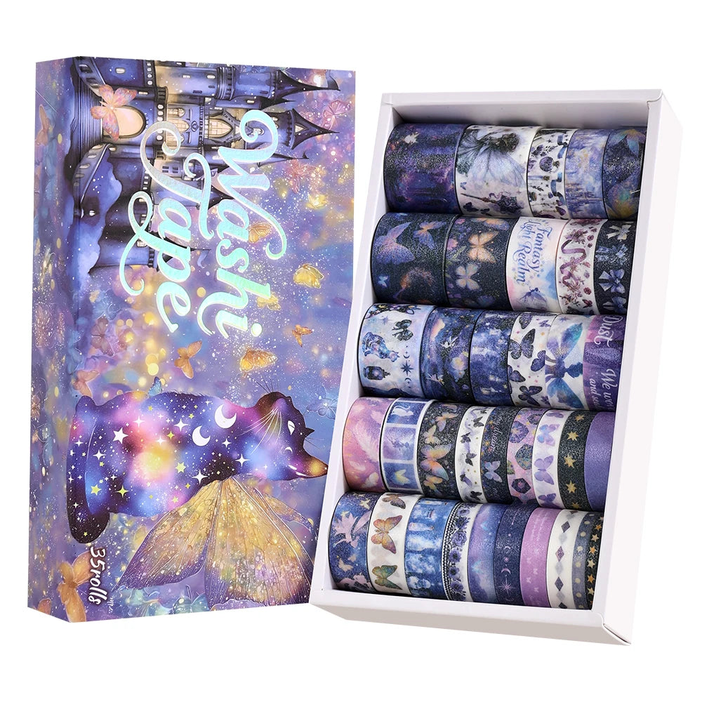 35 Rollen dekorative Klebebänder, lila Elfen-Washi-Klebeband, Packung für Schule, Bürobedarf, kreatives Geschenk, Studenten, Journaling, Bastelliebhaber