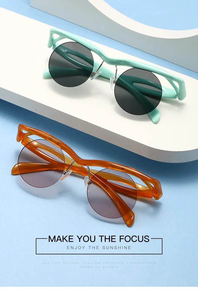Sonnenbrille für Männer und Frauen, Designer-Mode, speziell geformte Brillen, trendige weibliche runde randlose Outdoor-Accessoire-Brille