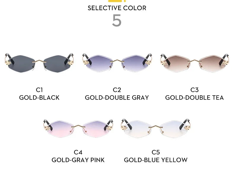 Luxuriöse Polygon-Sonnenbrille für Damen, Hipster, unregelmäßige randlose Sonnenbrille, Damen, kleiner Metallrahmen, Vintage-Rhombus-Brille, Braun
