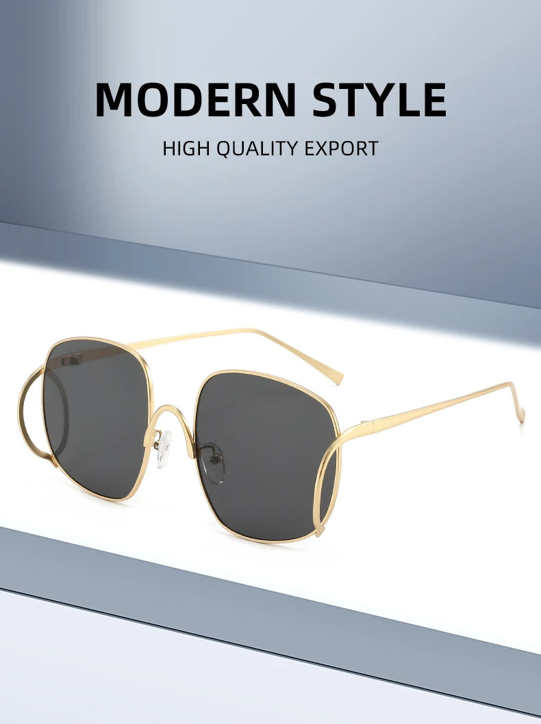 Übergroße Quadratische Sonnenbrille für Damen Luxuriöser Legierungsrahmen Trendige Große Gläser Einzigartige Gebogene Bügel-Brillenfassung