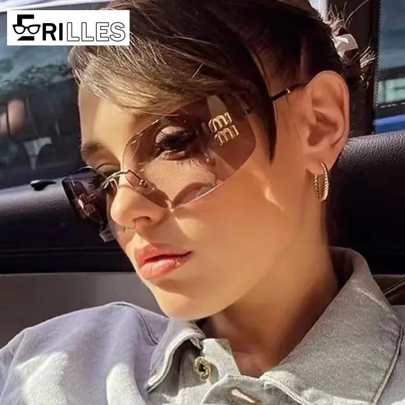 Gebogene einteilige Sonnenbrille, rahmenloses quadratisches Schnittkanten-Design, UV400-Schutz, High-End-Street-Style für Damen