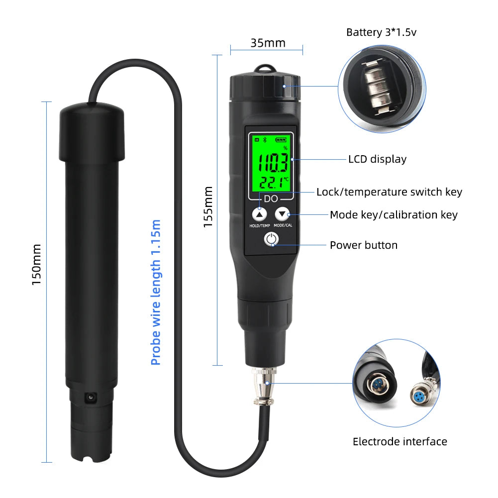 Bluetooth Digital Messgerät für gelösten Sauerstoff Profession eller Analysator für gelösten Sauerstoff Sauerstoff konzentration tester 0,0-40,0 mg/l