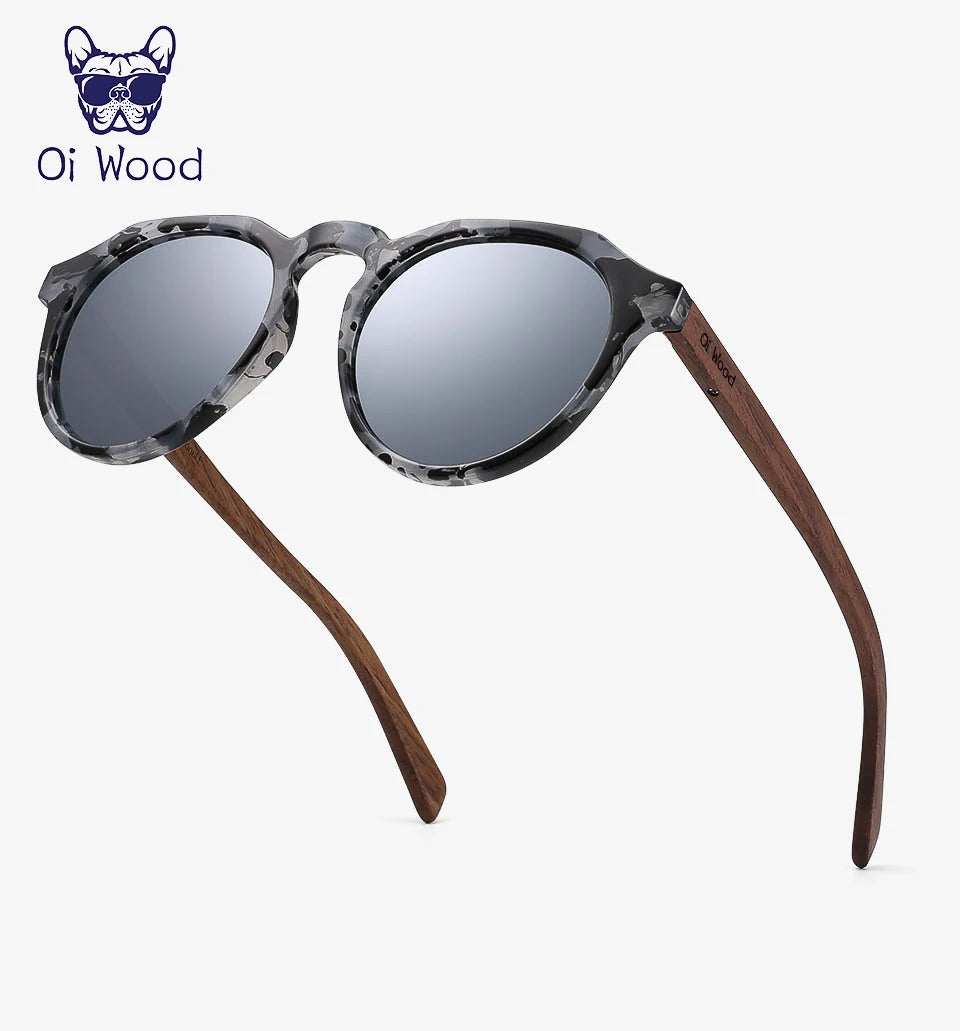 Oi Wood Sonnenbrille Damen Herren Sonnenbrille Walnussholz Runde Brille Rote LinseTortoise Shell Rahmen