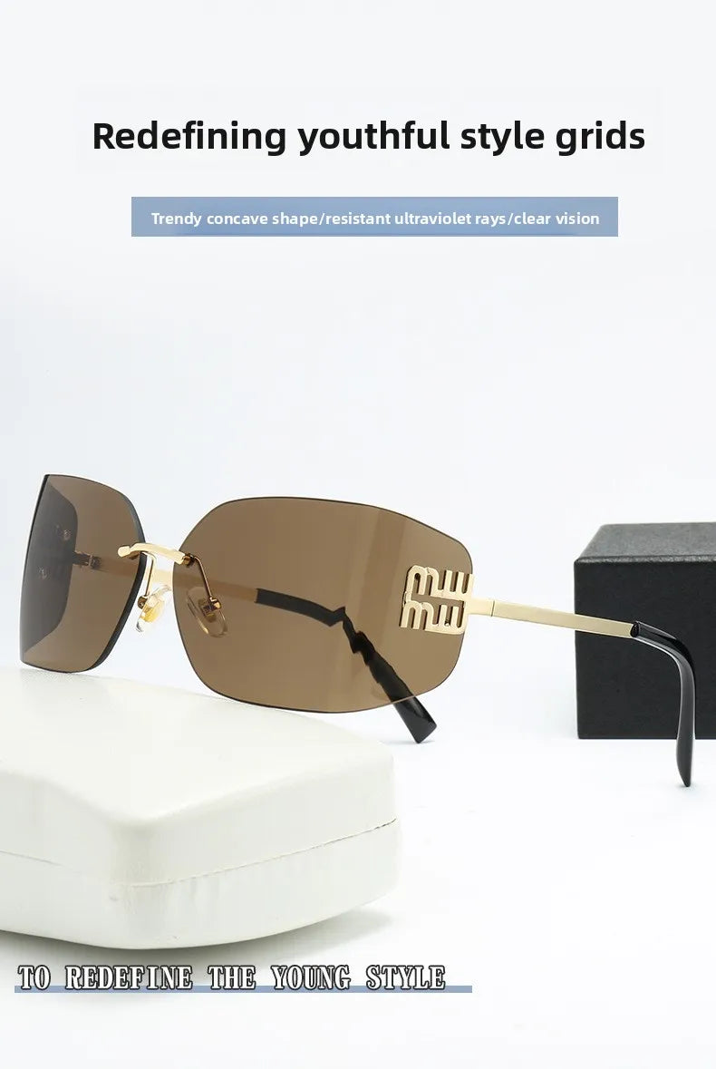 Gebogene einteilige Sonnenbrille, rahmenloses quadratisches Schnittkanten-Design, UV400-Schutz, High-End-Street-Style für Damen