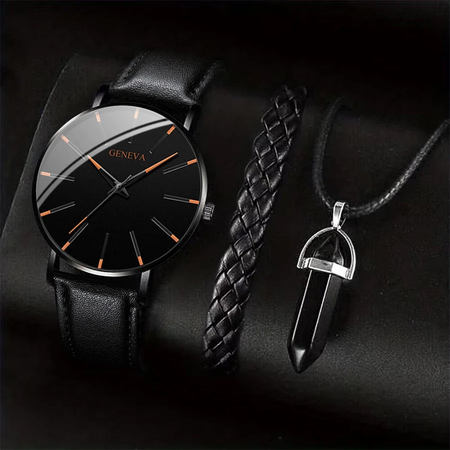 3 Teile/satz Männer Business Uhren Casual Leder Band Analog Männlichen Quarzuhr Halskette Armband Set