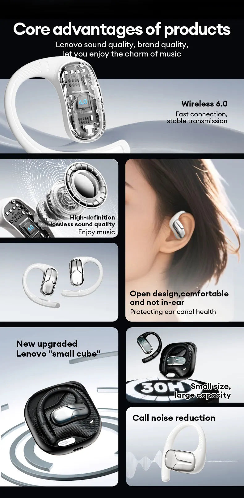 Neue Lenovo AC101 OWS Bluetooth 6.0 Kopfhörer ENC Geräuschunterdrückung Kabellose Ohrhörer Lange Akkulaufzeit Surround Sound Sport-Ohrhörer