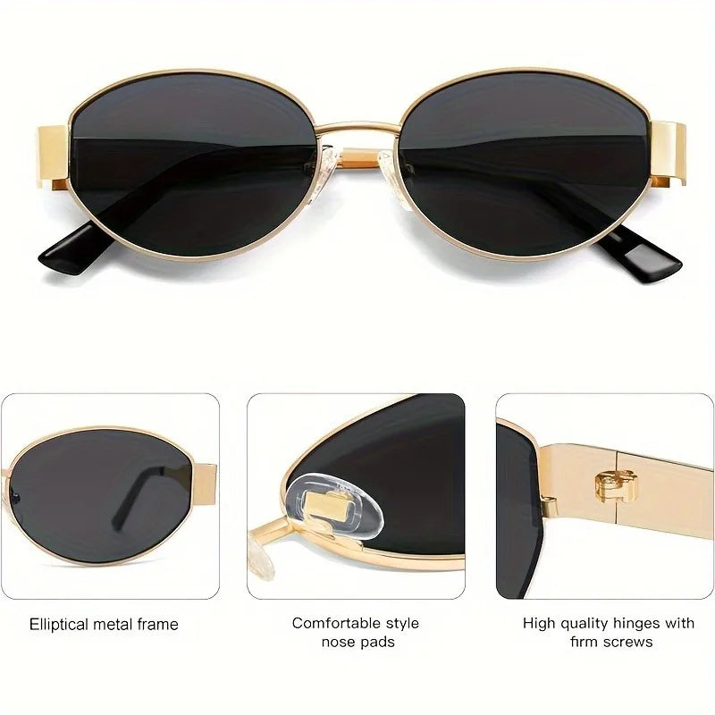 Trendige ovale Sonnenbrille für Damen, 2025, Luxusmarke, Designer-Sonnenbrille mit Metallrahmen, Damen, klassisch, Vintage, runde Farbtöne, Unisex