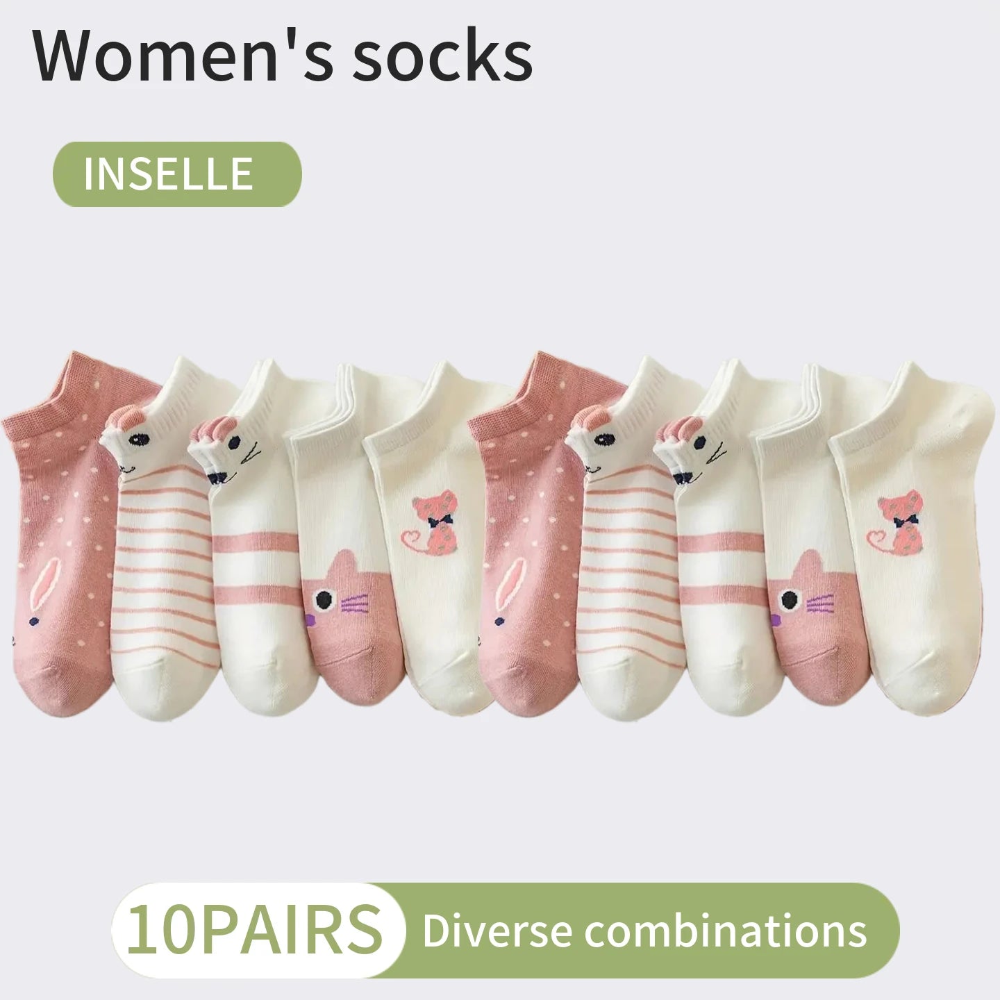 10 Paar Damen-Socken mit Cartoon-Muster, trendige und modische, vielseitige Socken, leichte, atmungsaktive, bequeme Freizeitsocken