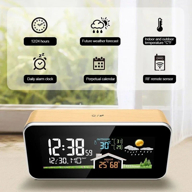 Drahtlose Wetterstation, Holzwecker, digitales Thermometer, Luftfeuchtigkeit, Temperatur, kabelloser Sensor, Heim-TimeWatch-Desktop