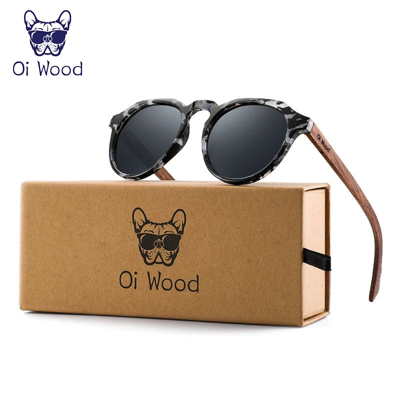 Oi Wood Sonnenbrille Damen Herren Sonnenbrille Walnussholz Runde Brille Rote LinseTortoise Shell Rahmen