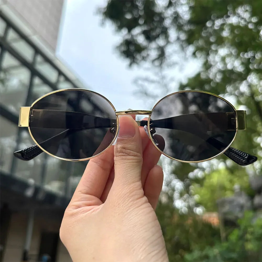 Luxuriöse Unisex-Sonnenbrille aus Metall, ovale Form, modisch, UV400-Schutz, elegante Farbtöne für Damen und Herren