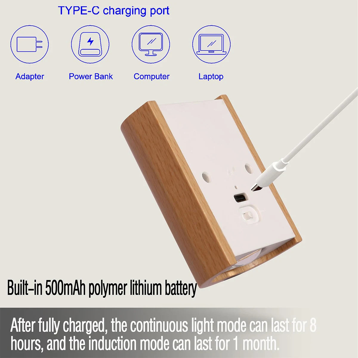 Intelligente Induktions-Wandleuchte, wiederaufladbares Licht, 1a, 0,4 W, Bewegungsmelder, LED-Leuchten, Treppen, Holz, magnetisch, warmweiß, Nachtstecker