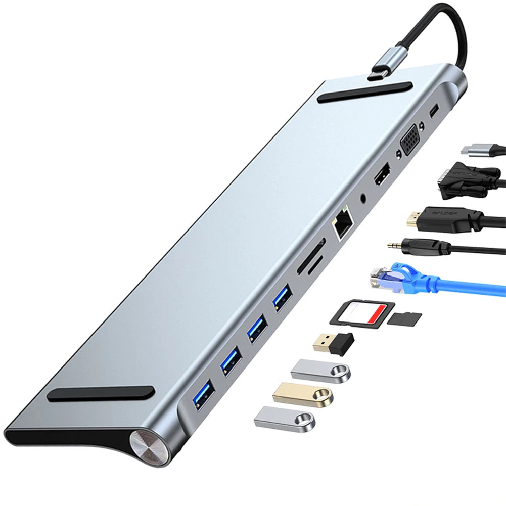11-in-1-Typ-C-Hub mit 4K HDMI-kompatiblem VGA-Ethernet-Multiport-Adapter, 100 W PD SD/TF Audio für Surface/HP/Dell/Lenovo/MacBook