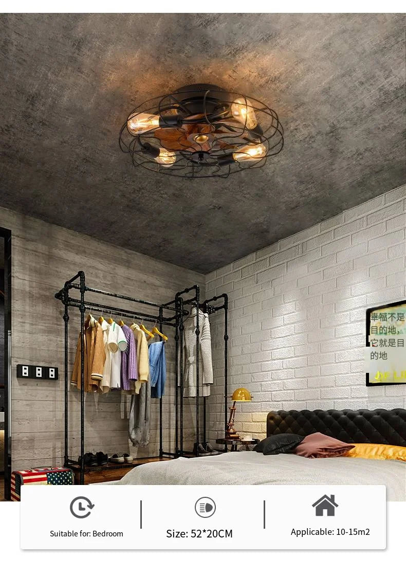 Retro Decke Schlafzimmer Ventilator Licht Unsichtbare amerikanische industrielle Wind Fernbedienung Esszimmer Deckenleuchte Schmiedeeisen Decke