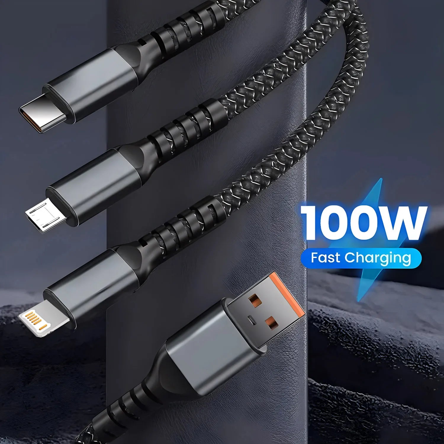 100 W Schnellladekabel, Multi-Ladekabel, Nylon, geflochten, mehrere USBs, universeller 3-in-1-Ladekabeladapter mit Typ-C-Mikro