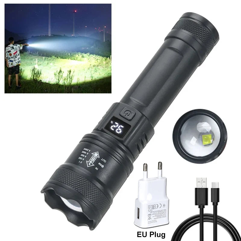 Hohe starke Leistung LED-Taschenlampen 2000lm taktische Taschenlampe mit Display-Licht USB-Aufladung Camping Angeln Notfall Zoom Laterne