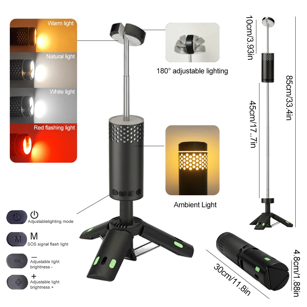 Verbesserte Camping-LED-Teleskop-Taschenlampe mit Stativ, wiederaufladbare Notfalllampe, tragbare Orch-Licht-Tischlampe für den Außenbereich, Zelt