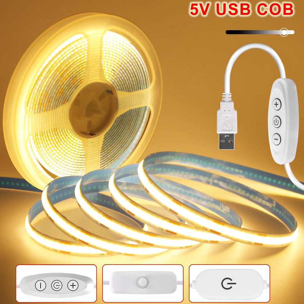 Dimm bares Cob LED-Streifen licht 5V USB flexibles LED-Band mit Ein-Aus-Schalter 120leds lineare Beleuchtung mit hoher Dichte und Klebeband