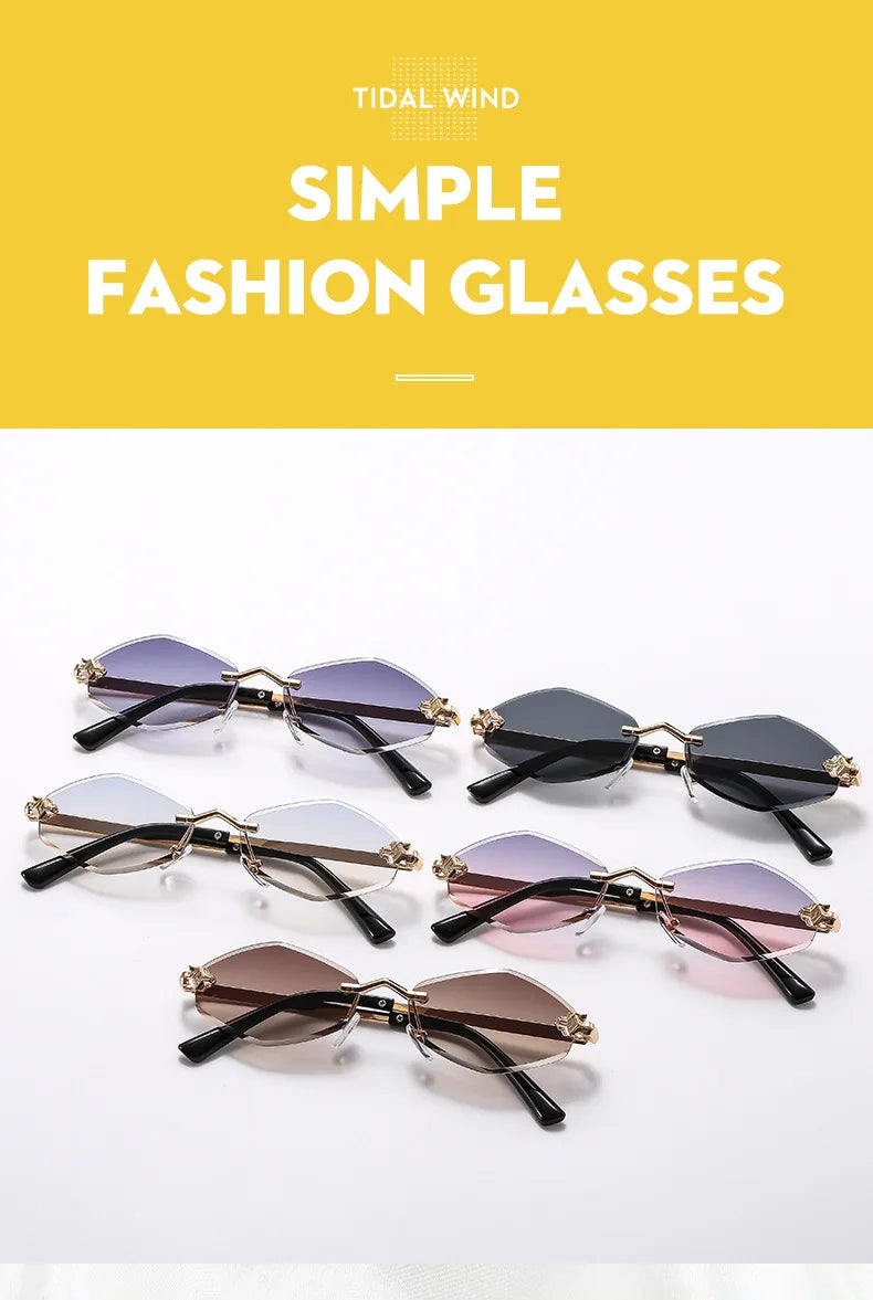 Luxuriöse Polygon-Sonnenbrille für Damen, Hipster, unregelmäßige randlose Sonnenbrille, Damen, kleiner Metallrahmen, Vintage-Rhombus-Brille, Braun