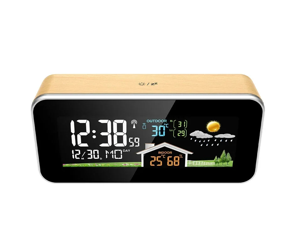 Drahtlose Wetterstation, Holzwecker, digitales Thermometer, Luftfeuchtigkeit, Temperatur, kabelloser Sensor, Heim-TimeWatch-Desktop