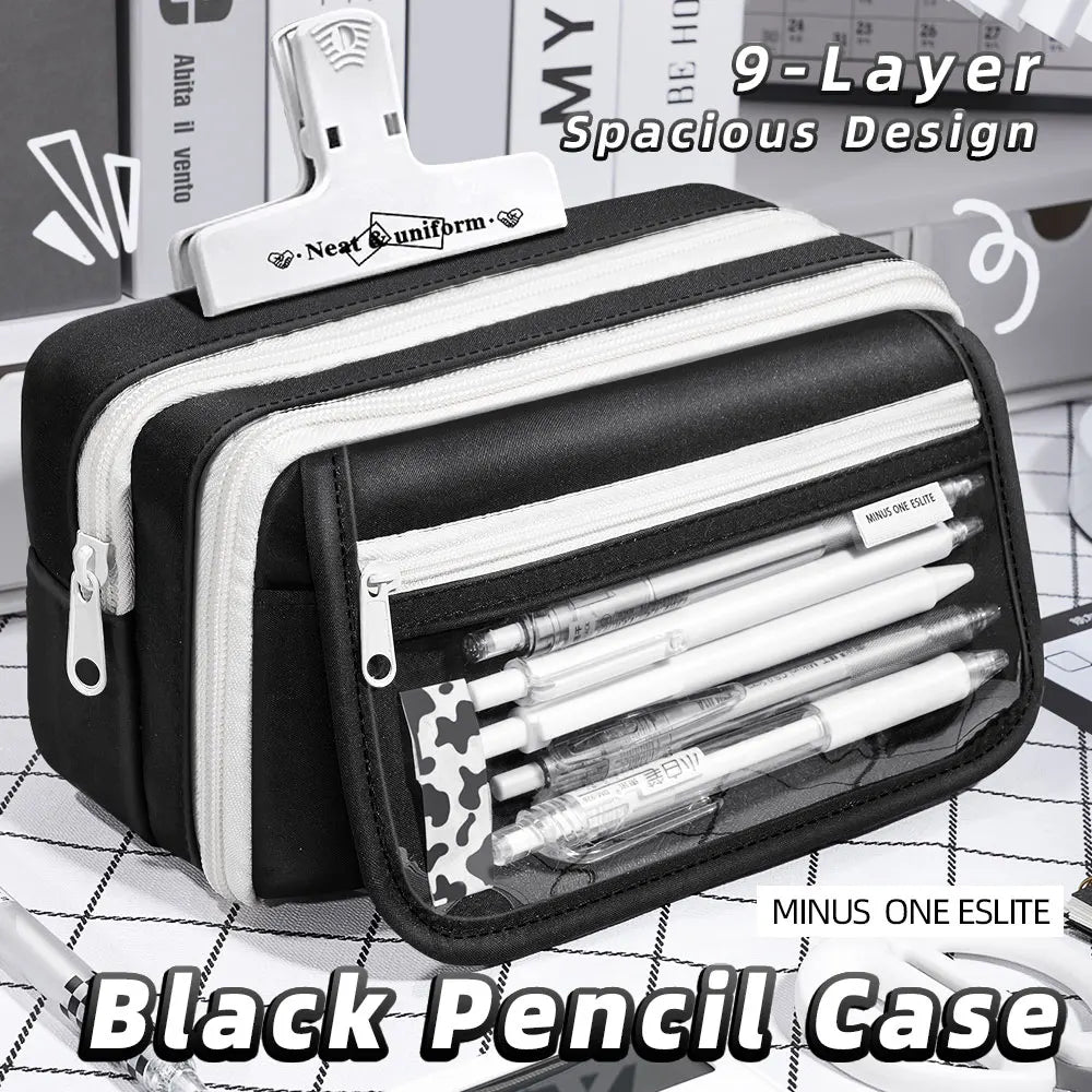Inkpals Schwarzes Federmäppchen, großes Fassungsvermögen, Kawaii-Schultaschen für Kinder, Beutel für große Jungen, Schultasche, Organizer-Box für Stifte