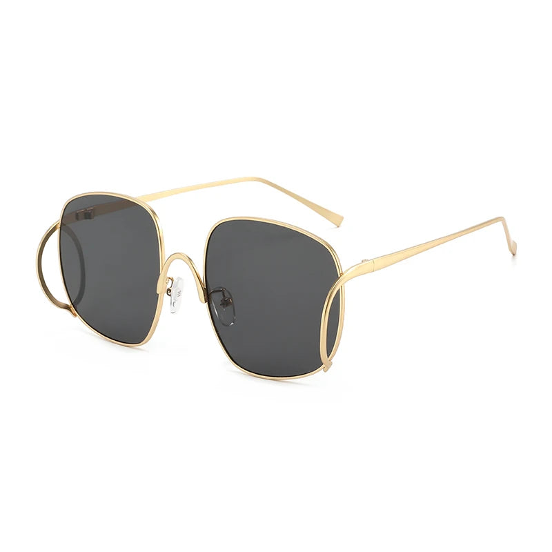 Übergroße Quadratische Sonnenbrille für Damen Luxuriöser Legierungsrahmen Trendige Große Gläser Einzigartige Gebogene Bügel-Brillenfassung