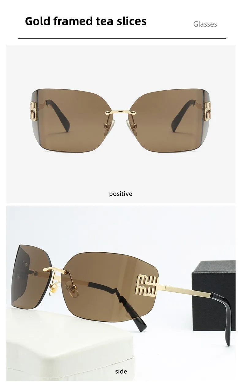 Gebogene einteilige Sonnenbrille, rahmenloses quadratisches Schnittkanten-Design, UV400-Schutz, High-End-Street-Style für Damen