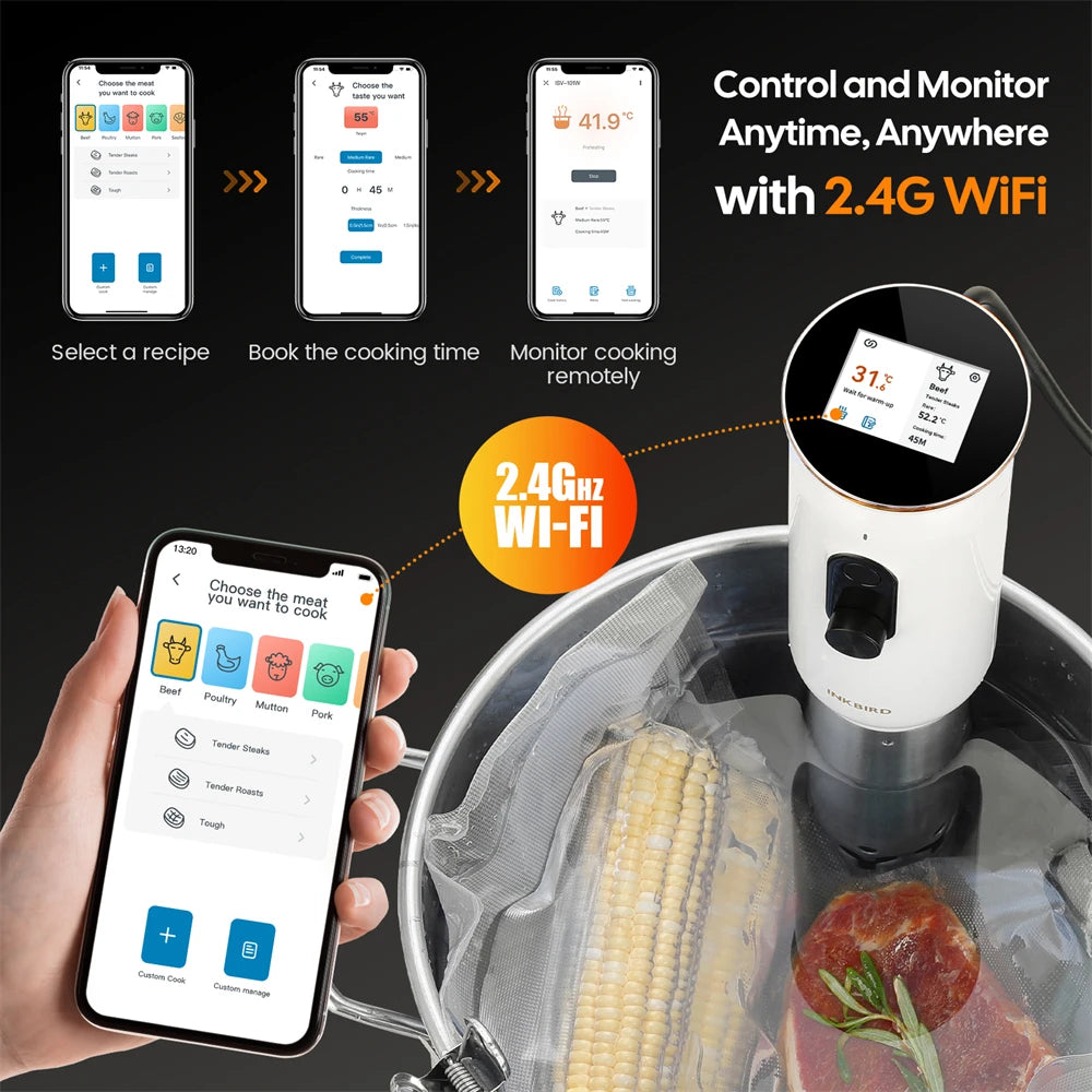 INKBIRD ISV-101W WiFi Sous Vide Cooker, 1000 W, 0,1 ° C Precision, 3D-Heizung, App-Steuerung, USDA-Rezepte, Voralarm, Sicherheitsfunktion