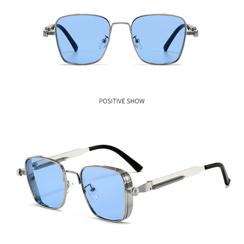 Männer Fahren Sonnenbrille Vintage Steampunk Quadratische Sonnenbrille Metallrahmen mit Federscharnieren Frauen Okular Trendige Fahrerbrille