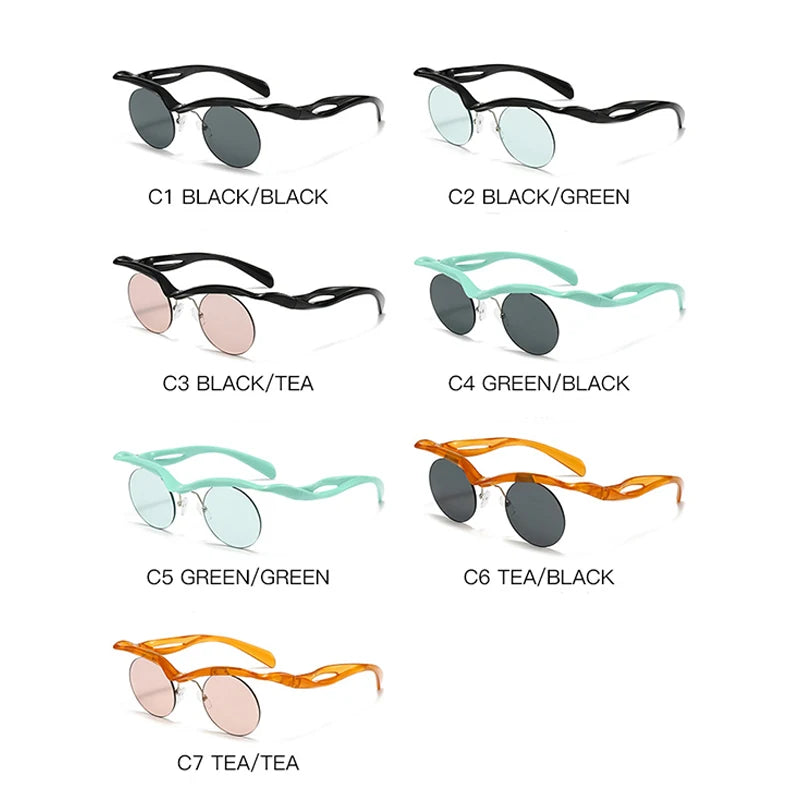 Sonnenbrille für Männer und Frauen, Designer-Mode, speziell geformte Brillen, trendige weibliche runde randlose Outdoor-Accessoire-Brille