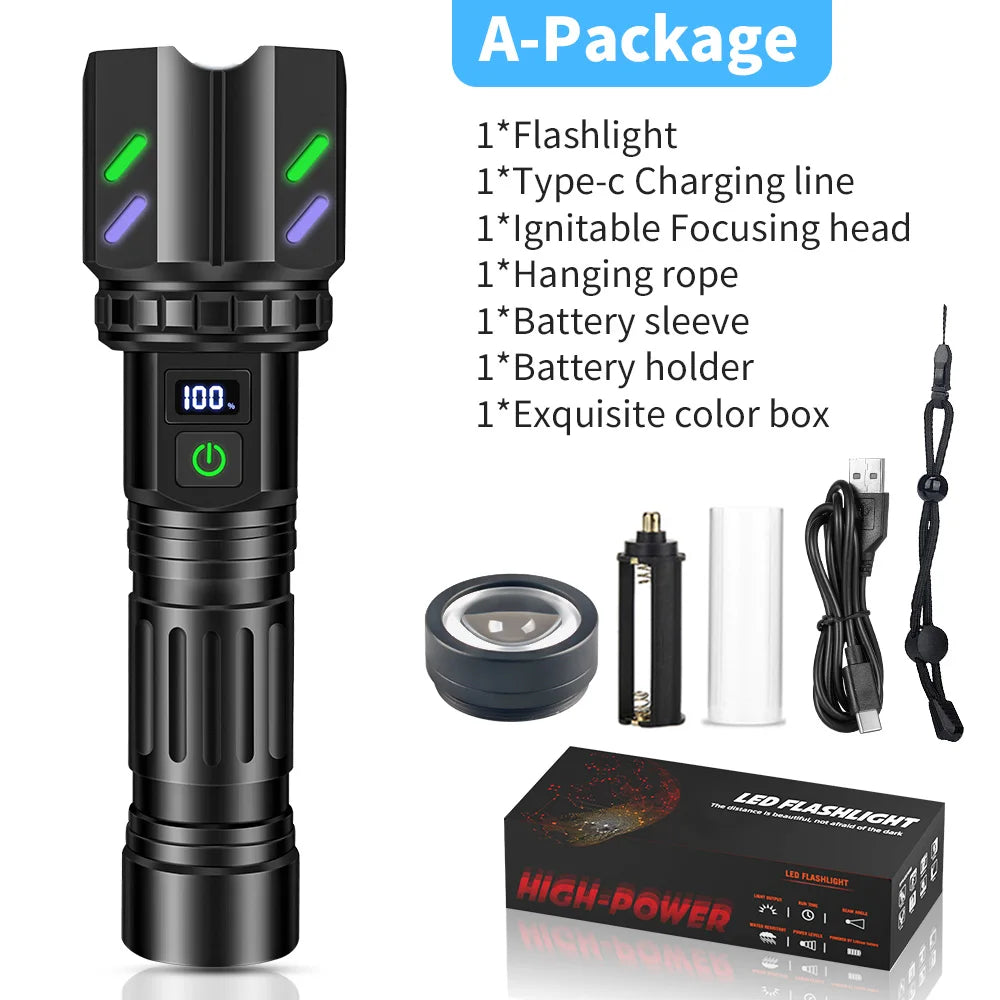 Hochleistungs-weiße Laser-LED-Taschenlampe, 18650, 26650, Batterie, Typ C, starkes Licht, taktische Taschenlampe, Outdoor-Camping, mit Zündlinse