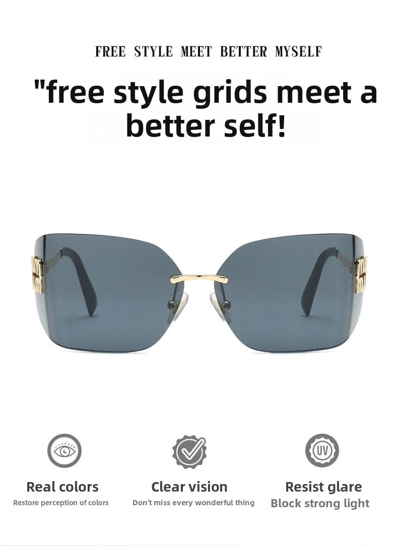 Gebogene einteilige Sonnenbrille, rahmenloses quadratisches Schnittkanten-Design, UV400-Schutz, High-End-Street-Style für Damen