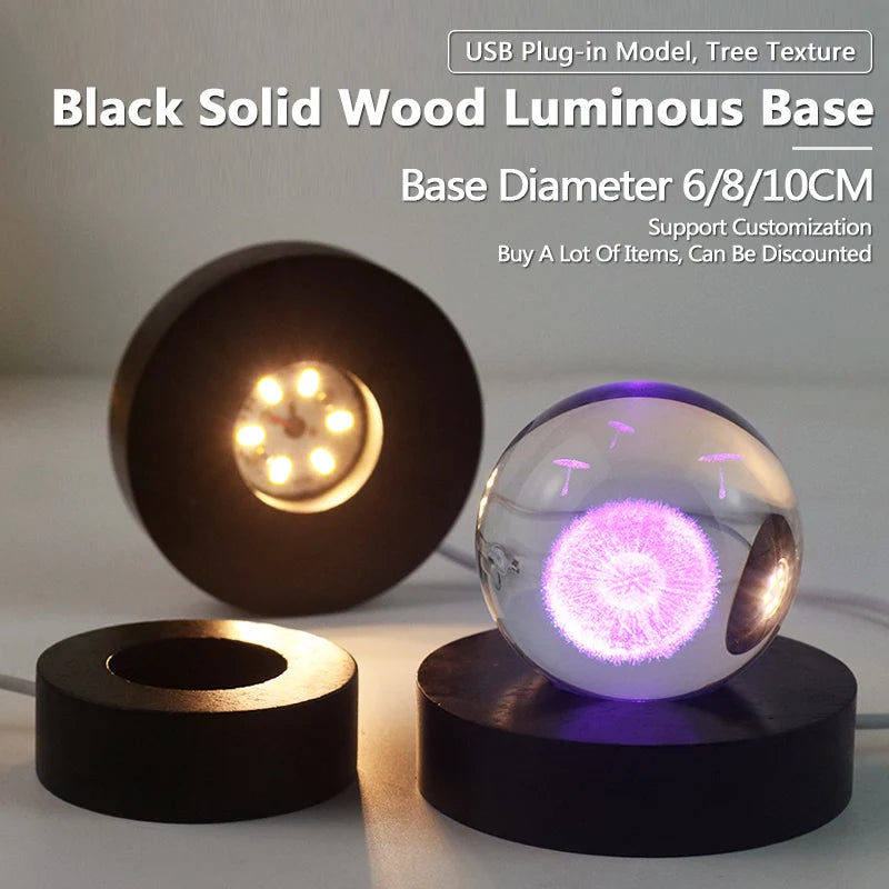 Schwarze runde massivholz leuchtende Basis geschnitzte Kristallkugel Ornament Nachtlicht Glas Keramik Geschenk Lampe Ornament