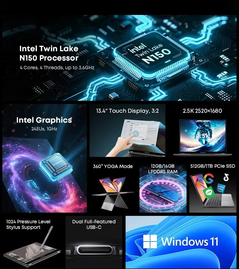 CHUWI FreeBook Tablet Laptop 2-in-1 Intel N150 13,5'' FHD Touchscreen 16 GB LPDDR5 RAM 512 GB SSD WIFI6 BT5.2 Windows 11 Notebook