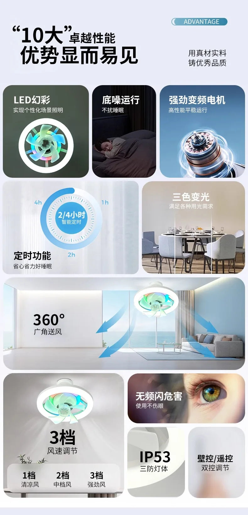 Neueste 360 ° bewegliche Kopf Decken ventilatoren Licht e27 LED-Fernbedienung RGB dreistufige Wind geschwindigkeit Wohnzimmer Esszimmer Schlafzimmer heiß