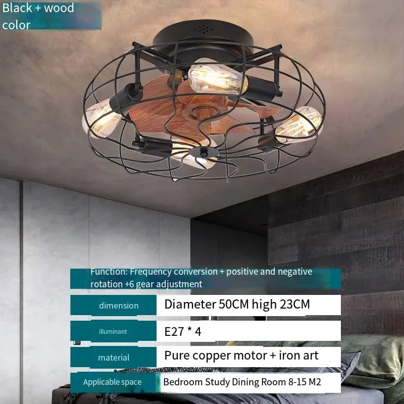 Retro Decke Schlafzimmer Ventilator Licht Unsichtbare amerikanische industrielle Wind Fernbedienung Esszimmer Deckenleuchte Schmiedeeisen Decke