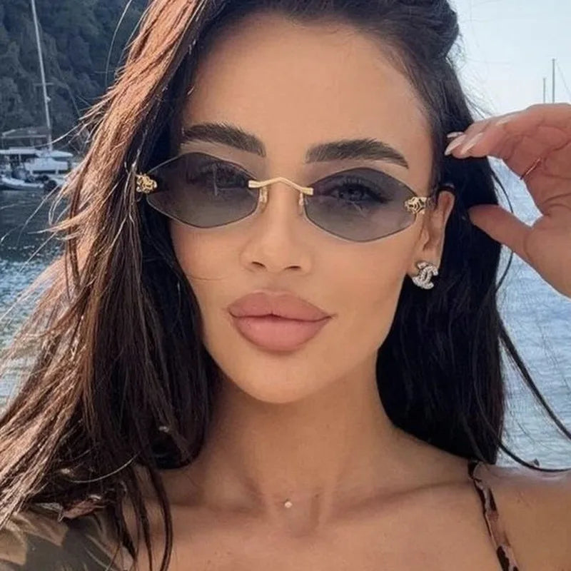 Luxuriöse Polygon-Sonnenbrille für Damen, Hipster, unregelmäßige randlose Sonnenbrille, Damen, kleiner Metallrahmen, Vintage-Rhombus-Brille, Braun