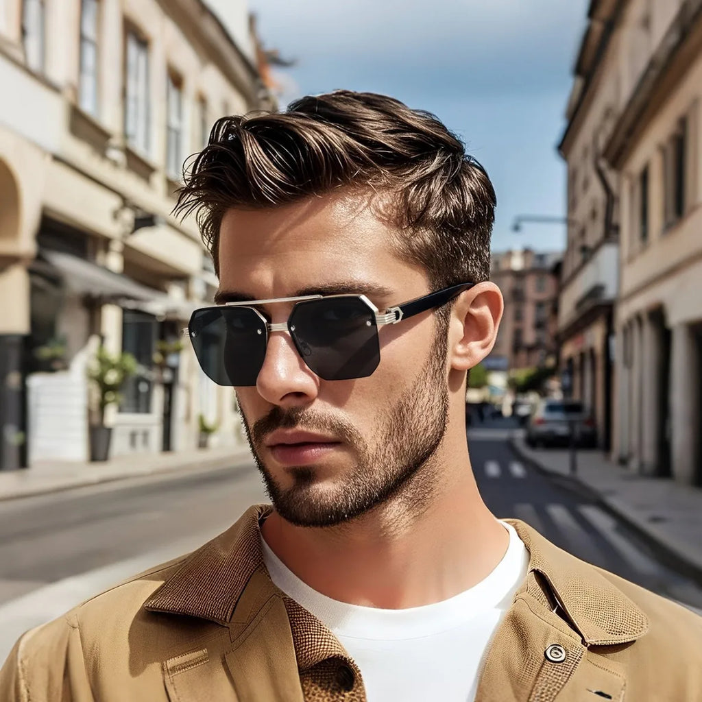 Herren-Sonnenbrille aus Metall, quadratisch, halber Rahmen, Reisnägel, lässige Trendbrille, Persönlichkeit, Retro-Mode, Outdoor-Sportbrille