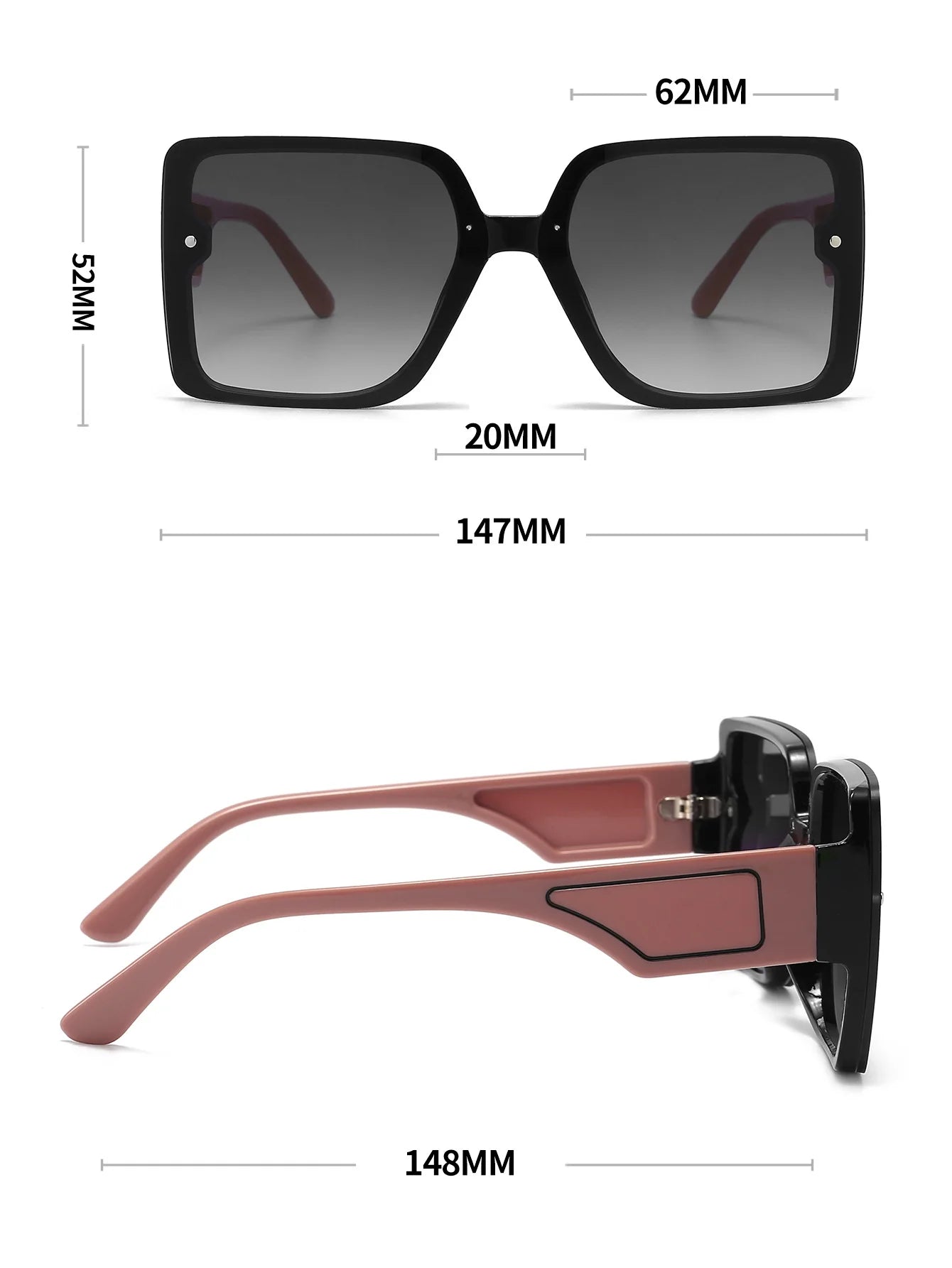 Extragroße quadratische Sonnenbrille mit Sonnenschutzgläsern. Brillen im gleichen Stil für Herren und Damen.1080