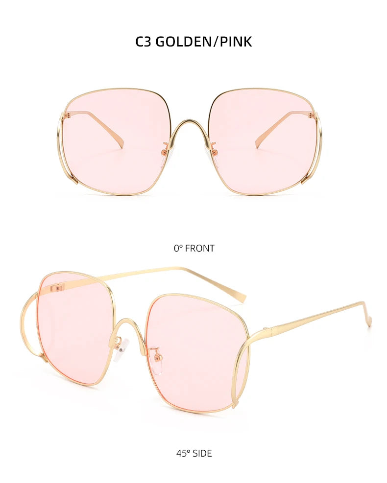 Übergroße Quadratische Sonnenbrille für Damen Luxuriöser Legierungsrahmen Trendige Große Gläser Einzigartige Gebogene Bügel-Brillenfassung