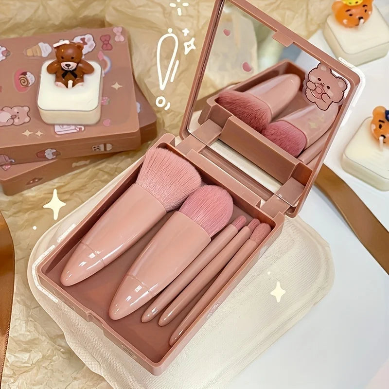 5-teiliges tragbares Make-up-Pinsel-Set mit Spiegel – faltbares Reise-Set, Mini-Make-up-Pinsel-Set, Reise-Make-up-Pinsel-Set