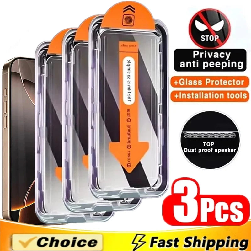 3 Stück staubfreie Installation Sichtschutz-Displayschutzfolie für iPhone 16 14 11 12 13 15 Pro Max 7 8 Plus Mini X XR 17 Anti-Spionage-Glas
